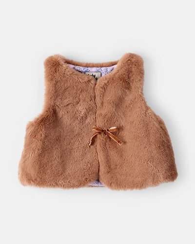 Baby Girl Floral Lined Faux Fur Vest - Brown