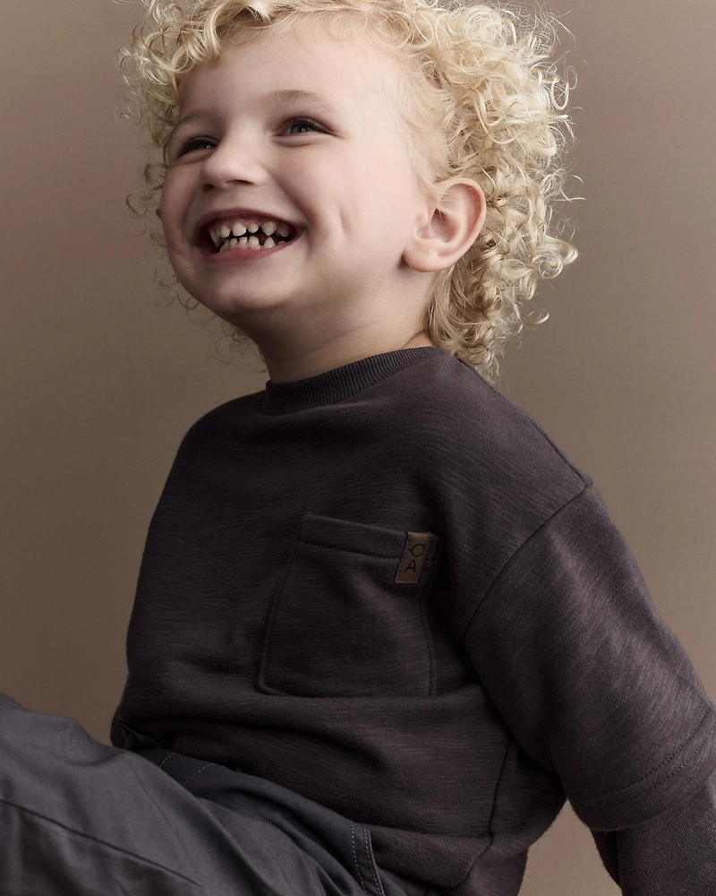 Toddler Boy Long-Sleeve Pocket Tee - Dark Grey