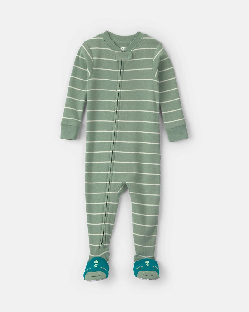 Toddler Boy 1-Piece Dino Striped 100% Cotton Snug Fit Footed Pajama - Green