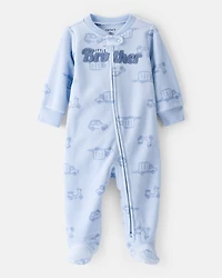 Baby Boy 'Little Brother' Car Print Fleece Sleep & Play Pajamas - Blue