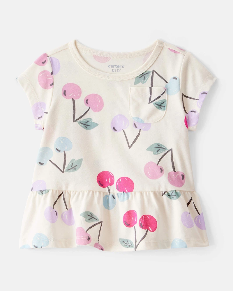 Baby Girl 2-Piece Cherry Print Peplum Top & Solid Stretch Leggings Set - Ivory/Pink