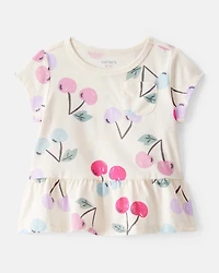 Baby Girl 2-Piece Cherry Print Peplum Top & Solid Stretch Leggings Set - Ivory/Pink
