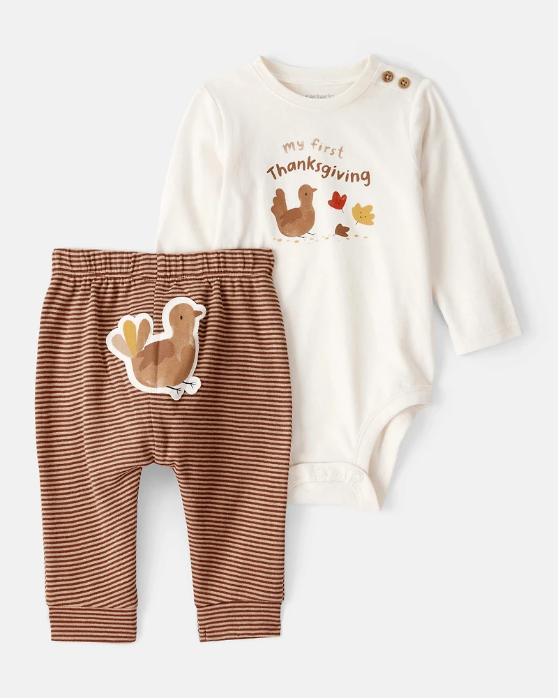 Baby My First Thanksgiving Cotton Long-Sleeve Bodysuit & Pant Set - Cream/Brown