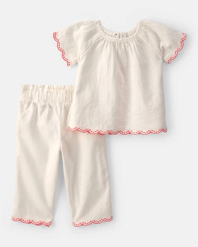Baby Girl 2-Piece Linen-like Short-Sleeve Outfit Set - Cream