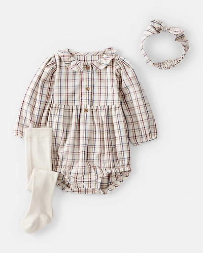 Baby Girl 3-Piece Plaid Bubble Outfit Set