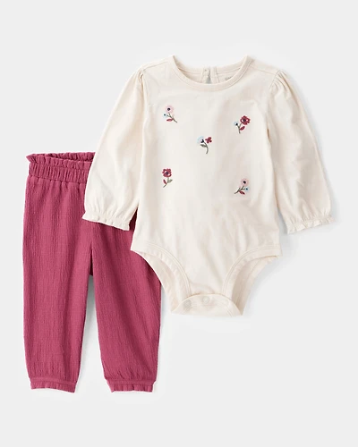 Baby 2-Piece Floral Long-Sleeve Bodysuit Pant Set - White/Pink