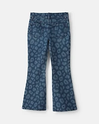 Girls Leopard Denim Flare Jeans - Dark Wash