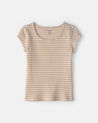 Girls Stripe Ribbed Top - Brown/Ivory