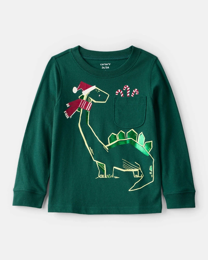 Toddler Boy Christmas Dinosaur Long-Sleeve Graphic Tee - Green
