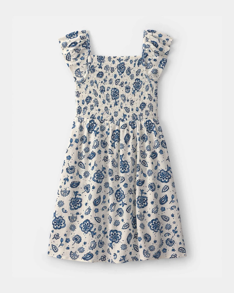 Girls Smocked Floral Dress - Blue/Ivory