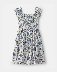 Girls Smocked Floral Dress - Blue/Ivory