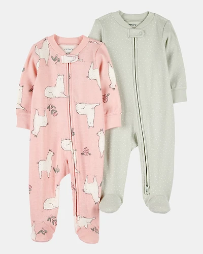 2-Pack 2-Way Zip Cotton Sleep & Play Pajamas - Pink/Green