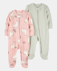 2-Pack 2-Way Zip Cotton Sleep & Play Pajamas - Pink/Green