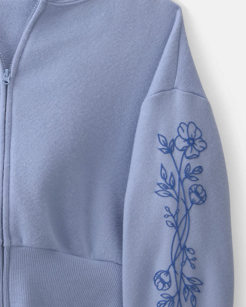 Girls Floral Fleece Zip-Up Hoodie - Blue