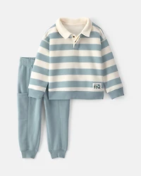 Baby Boy 2-Piece Striped Fleece Henley Top & Pant Set - Blue/Cream
