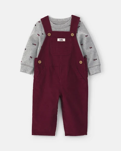 Baby Boy 2-Piece Holiday Corduroy Long-Sleeve Overall Set - Burgundy/Grey