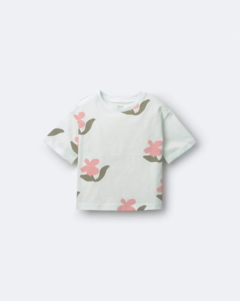 Toddler Girl Rolled Cuff Tee in Floral Print - Light Green