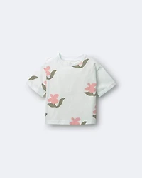 Toddler Girl Rolled Cuff Tee in Floral Print - Light Green