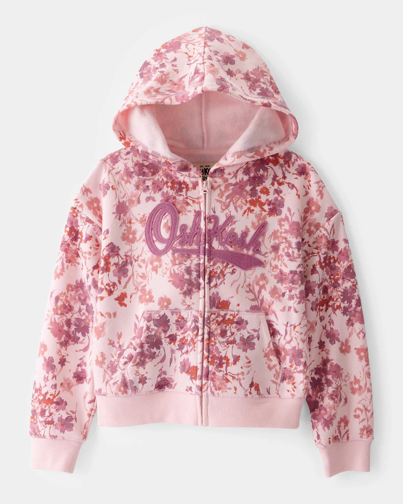 Girls 2-Piece DayDream Fleece Floral Hooded Zip-Up Jacket & Joggers Set - Pink