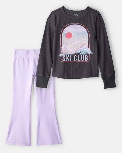 Girls 2-Piece Active Rib 'Ski Club' Top & Flare Pants Set - Black/Purple
