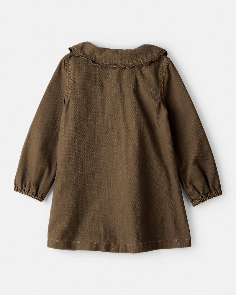 Toddler Girl Scalloped Collar Button-Down Long-Sleeve Dress - Brown