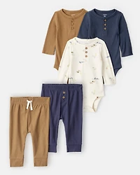 Baby Boy 5-Piece Long-Sleeve Bodysuits & Pants Set - Cream/Brown/Navy