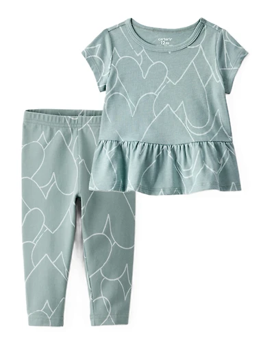 Toddler Girl 2-Piece Heart Print Top & Stretch Leggings Set - Green
