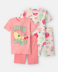 Girls Fruit 100% Cotton Short-Sleeve Snug Fit 4-Piece Pajama Set - Pink