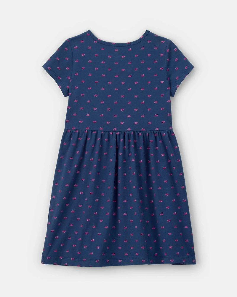 Girls Bow Short-Sleeve Dress - Navy Blue