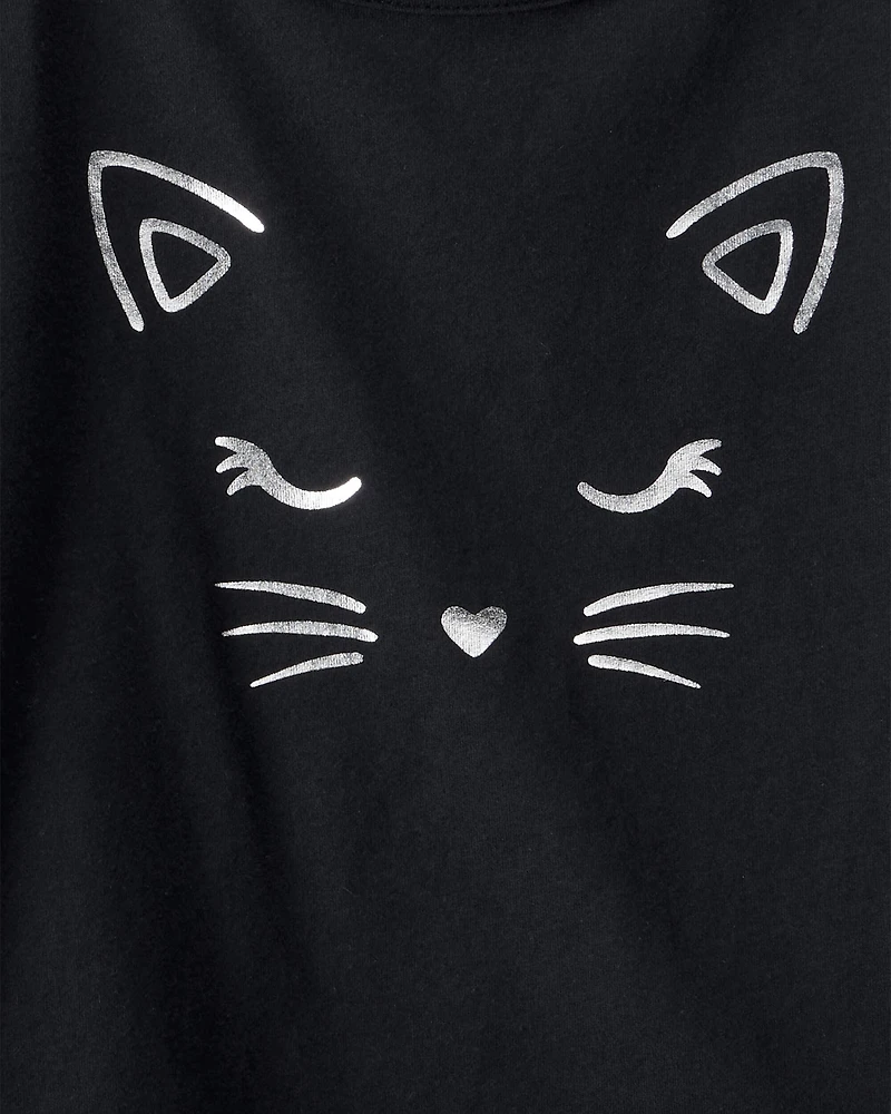 Kid 2-Piece Glitter Cat Tee & Tulle Tutu Skort Set - Black/Purple