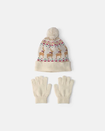 Kids 2-Piece Fair Isle Christmas Beanie & Glove Set - Cream