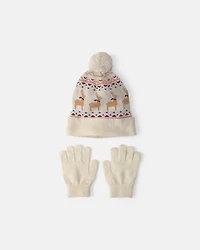 Kids 2-Piece Fair Isle Christmas Beanie & Glove Set - Cream