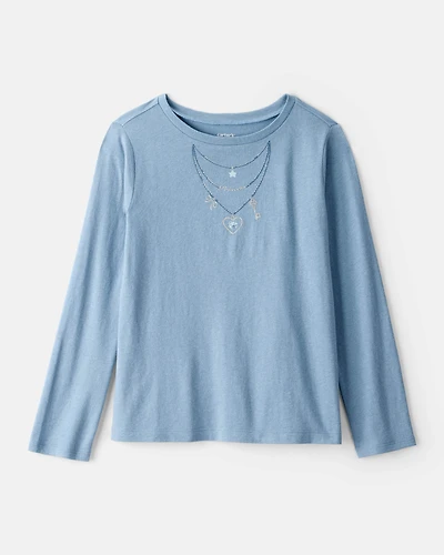 Girls Charm Necklace Long-Sleeve Graphic Tee - Blue