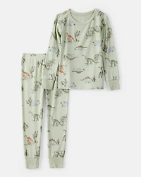Boys Dinosaur Print PurelySoft Long-Sleeve 2-Piece Pajamas - Green