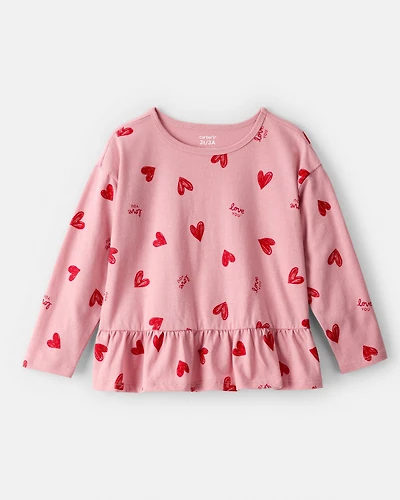 Toddler Girl Heart Long-Sleeve Peplum Top - Pink