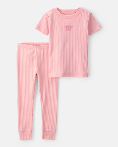 Baby Girl Butterfly Rib Snug Fit 2-Piece Pajama Set - Pink