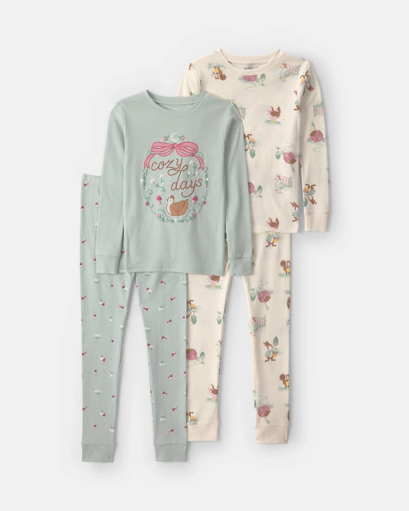 Girls 4-Piece Country Chicken 100% Cotton Snug Fit Pajama Set - Blue/Cream