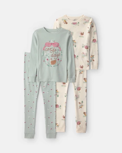 Girls 4-Piece Country Chicken 100% Cotton Snug Fit Pajama Set - Blue/Cream
