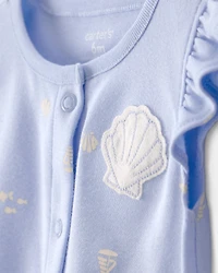 Baby Girl Shell Flutter Sleeve Romper - Blue