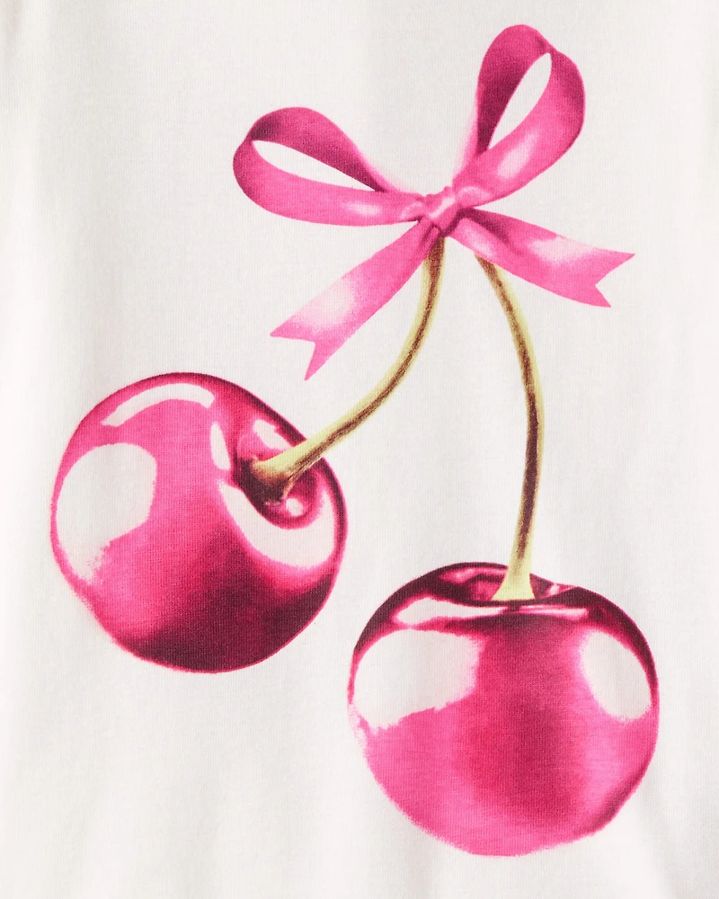 Girls Cherries Print 100% Cotton Long-Sleeve 4-Piece Pajamas - Pink/White