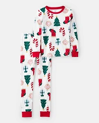 Kid Festive Friends Christmas 100% Cotton Long-Sleeve Snug Fit 2-Piece Pajamas - White