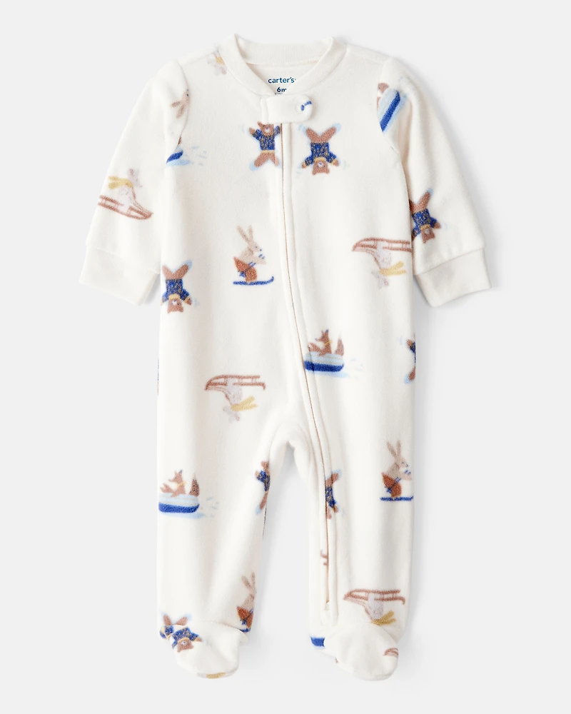 Baby Boy Animal Ski Print Loose Fit Long-Sleeve Sleep & Play Pajamas - Cream