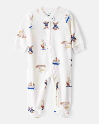 Baby Boy Animal Ski Print Loose Fit Long-Sleeve Sleep & Play Pajamas - Cream