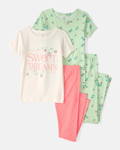 Girls Strawberry 100% Cotton Snug Fit 4-Piece Pajama Set - Green/Pink