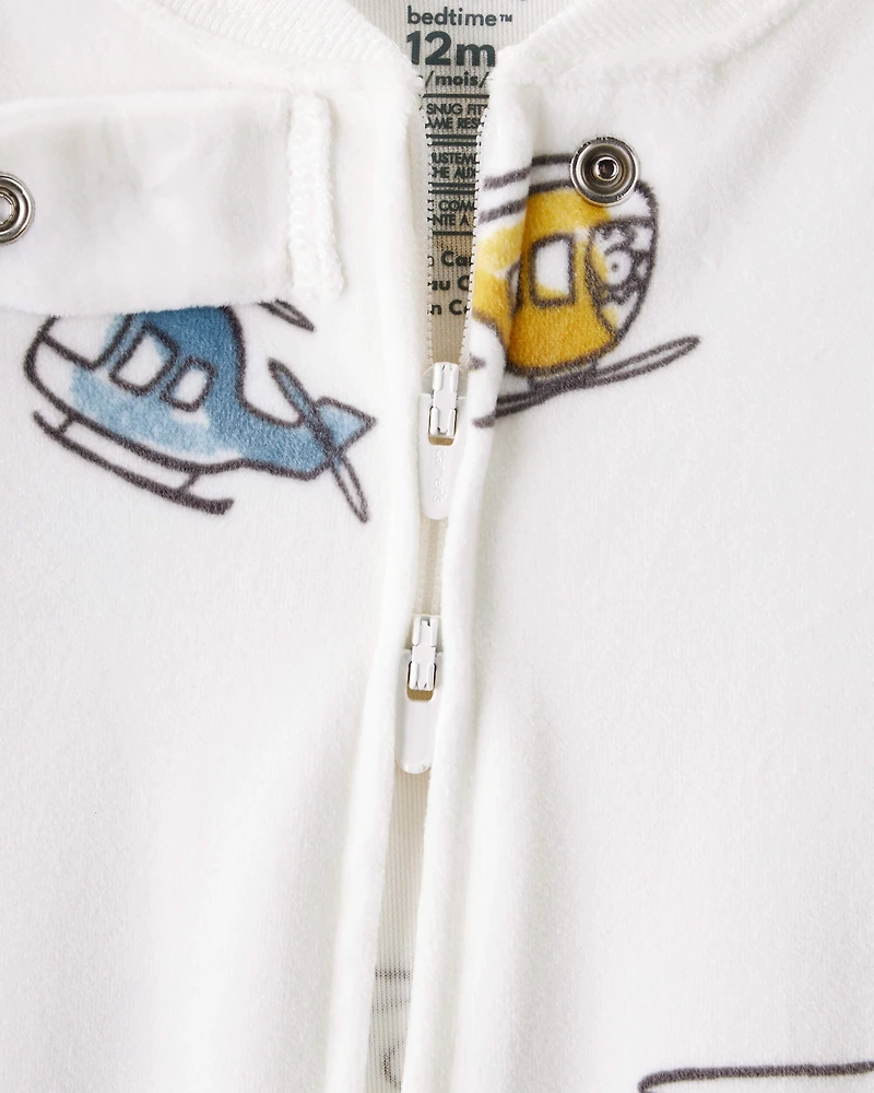 Baby Boy Helicopter Print DreamPlush Snug Fit Long-Sleeve 2-Way Zip 1-Piece Pajamas - White