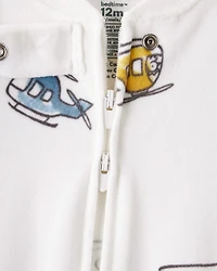 Baby Boy Helicopter Print DreamPlush Snug Fit Long-Sleeve 2-Way Zip 1-Piece Pajamas - White