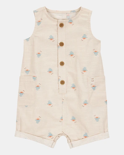 Baby Boy Button-Front Sunset Print Sleeveless Romper - Tan