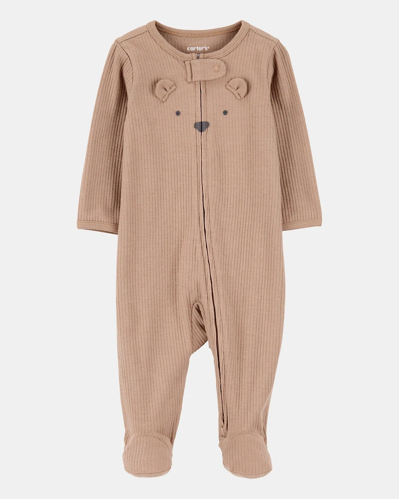 Baby Bear 2-Way Zip Ribbed Sleep & Play Pajamas - Brown