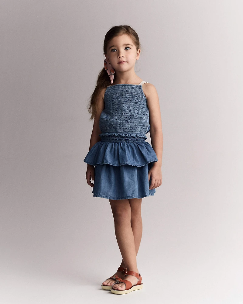 Toddler Girl Smocked Tiered Skirt in Chambray