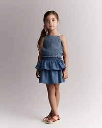 Toddler Girl Smocked Tiered Skirt in Chambray